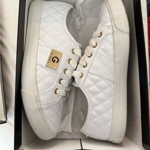 G by Guess White Quilted Sneakers with Gold Accents